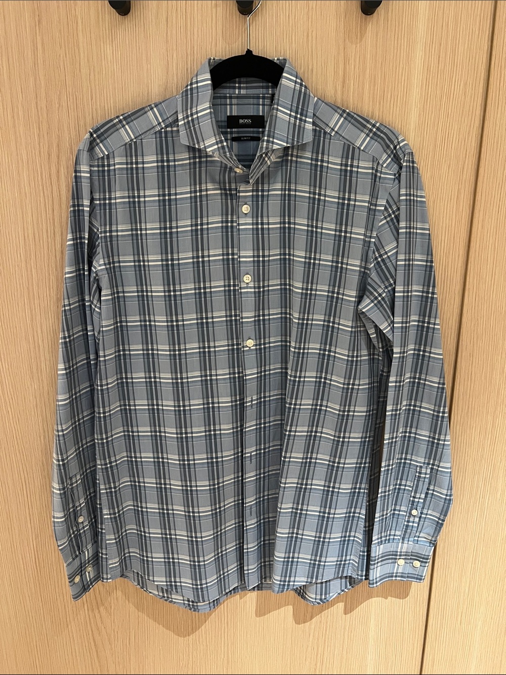 BOSS Light Blue and White Plaid Dress Shirt